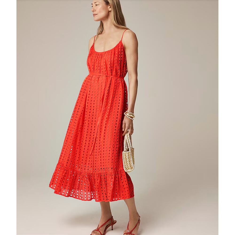 J Crew Oval Eyelet Midi Dress Large Flaming Coral Flaw